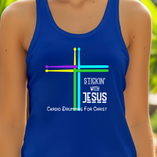 Load image into Gallery viewer, Stickin With Jesus Cardio Drumming For Christ Royal Blue Racer Back Tank Top
