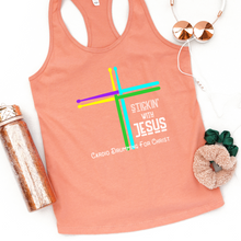 Load image into Gallery viewer, Stickin&#39; With Jesus Cardio Drumming For Christ Racer Back Tank Top
